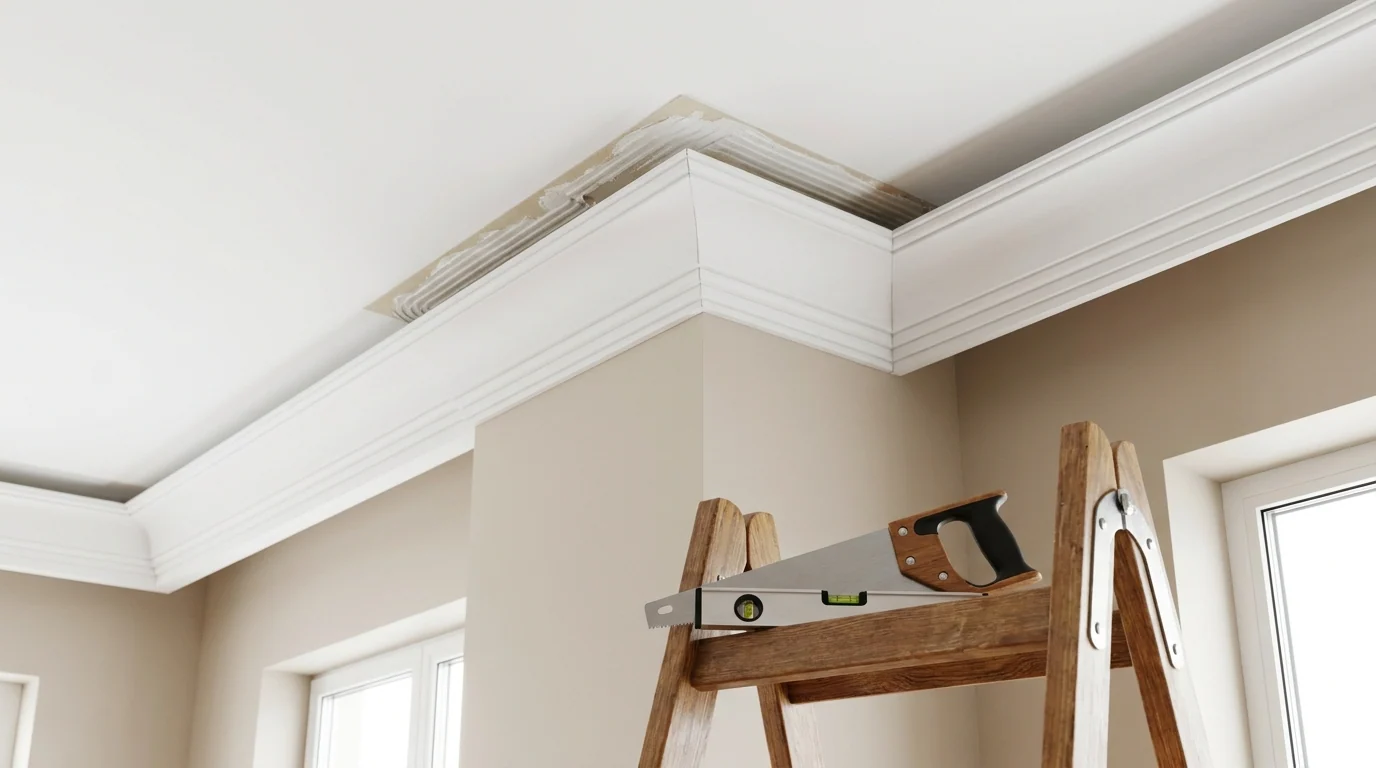 Biała listwa przysufitowa dociskana do narożnika zewnętrznego, widoczna warstwa kleju montażowego oraz drabina z piłą ręczną
